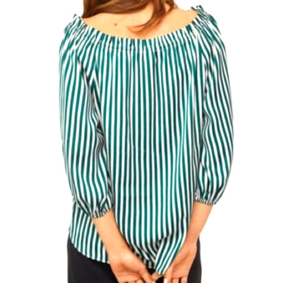 H&M Green Stripe Off-the-Shoulder Top Size 12 - Picture 7 of 12